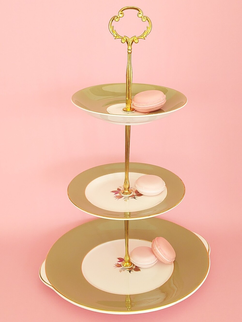 Vintage Royal Grafton 3 Tier Cake Stand Sage Green Gold English Bone China MCM